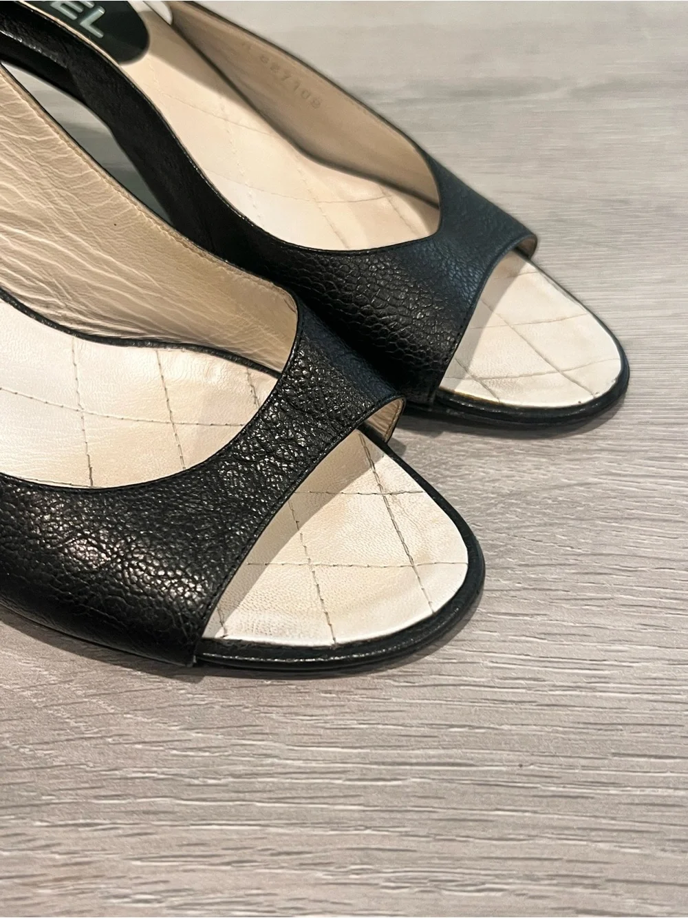CHANEL Black Open Toe Slingback Pearl Heel